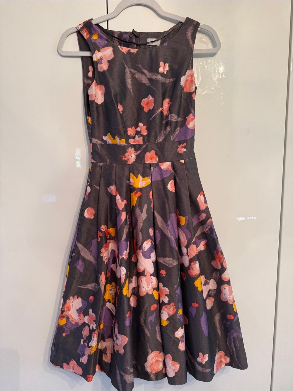 H&M Floral Fit & Flare Sleeveless Dress - Plum Gray with Pink & Purple Flowers